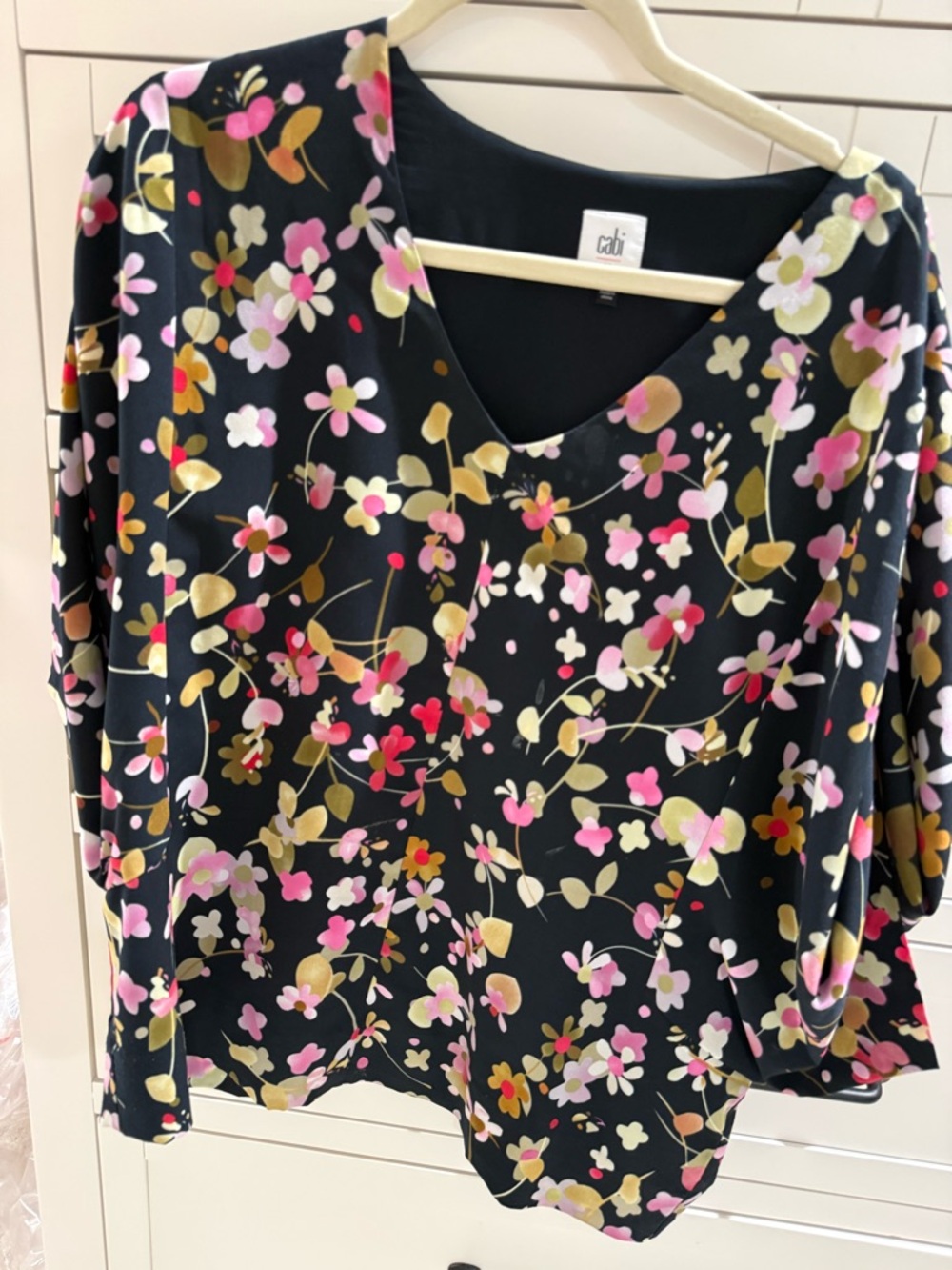 CAbi Black Floral V-Neck Blouse with Pink & Gold Accents